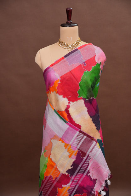 Digital Printed Pure Linen Saree - Multicolor