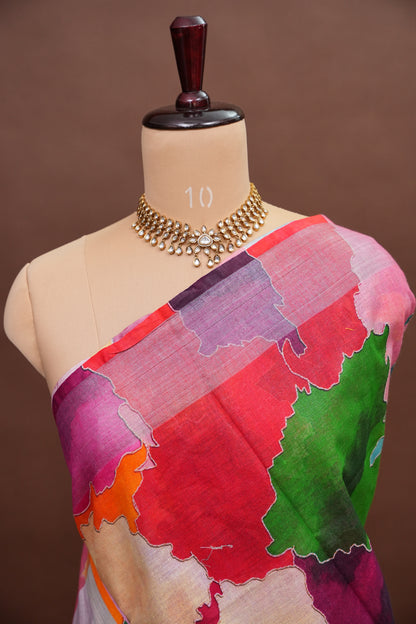 Digital Printed Pure Linen Saree - Multicolor