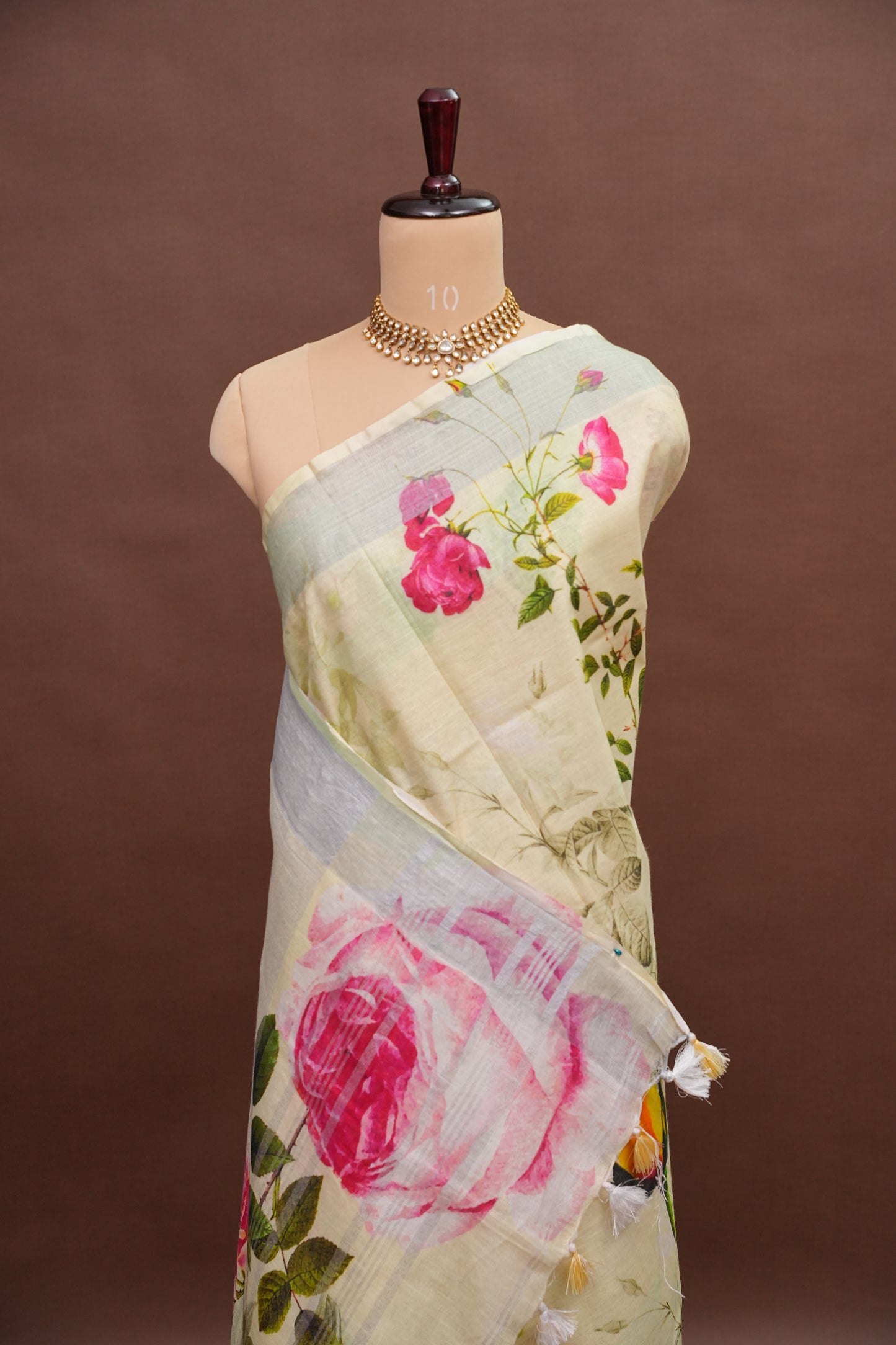 Digital Printed Pure Linen Saree - Beige