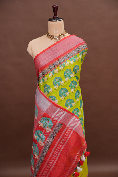 Digital Printed Pure Linen Saree - Parrot Green