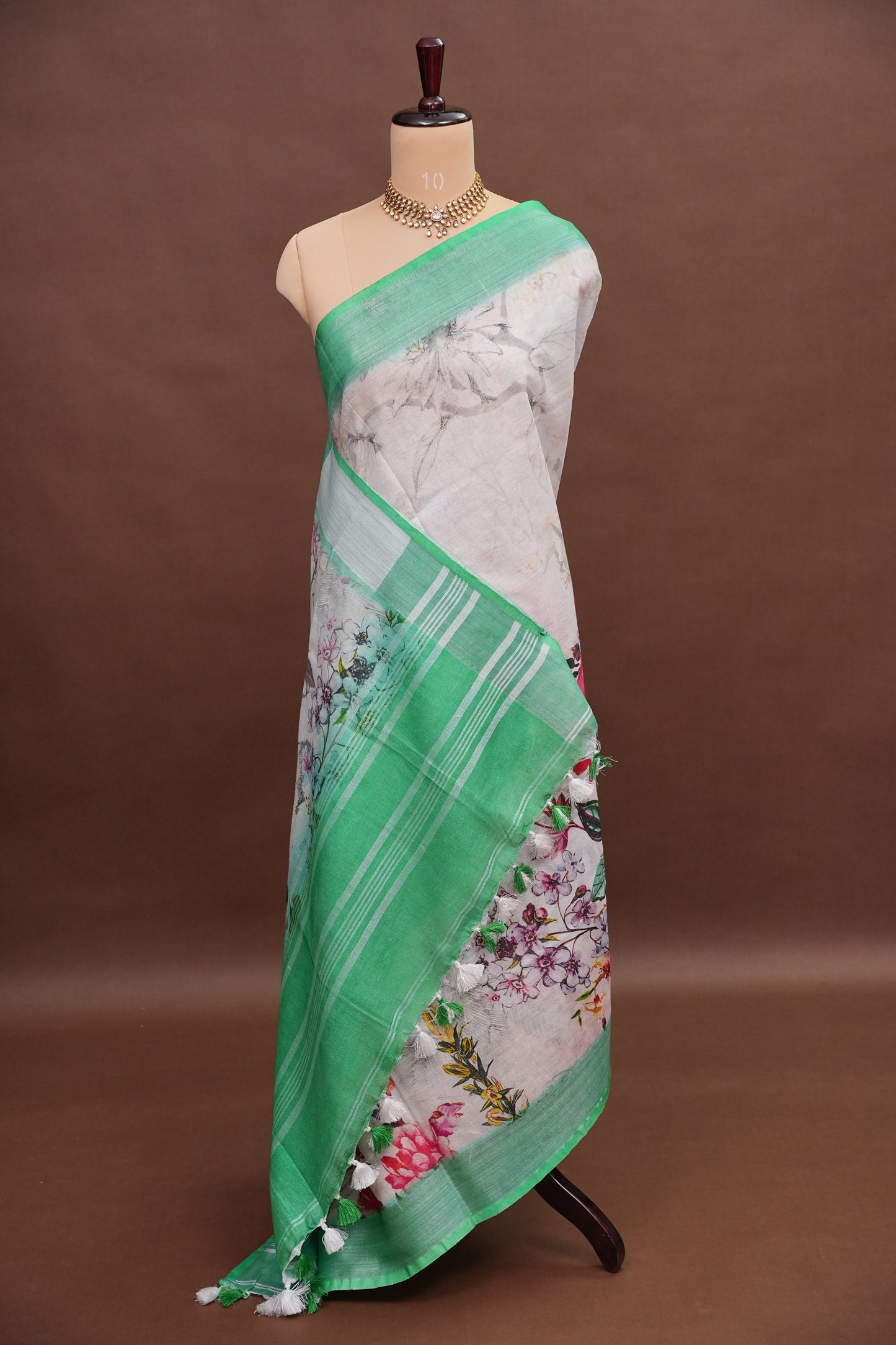 Digital Printed Pure Linen Saree - White