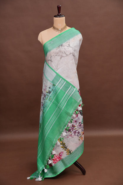 Digital Printed Pure Linen Saree - White