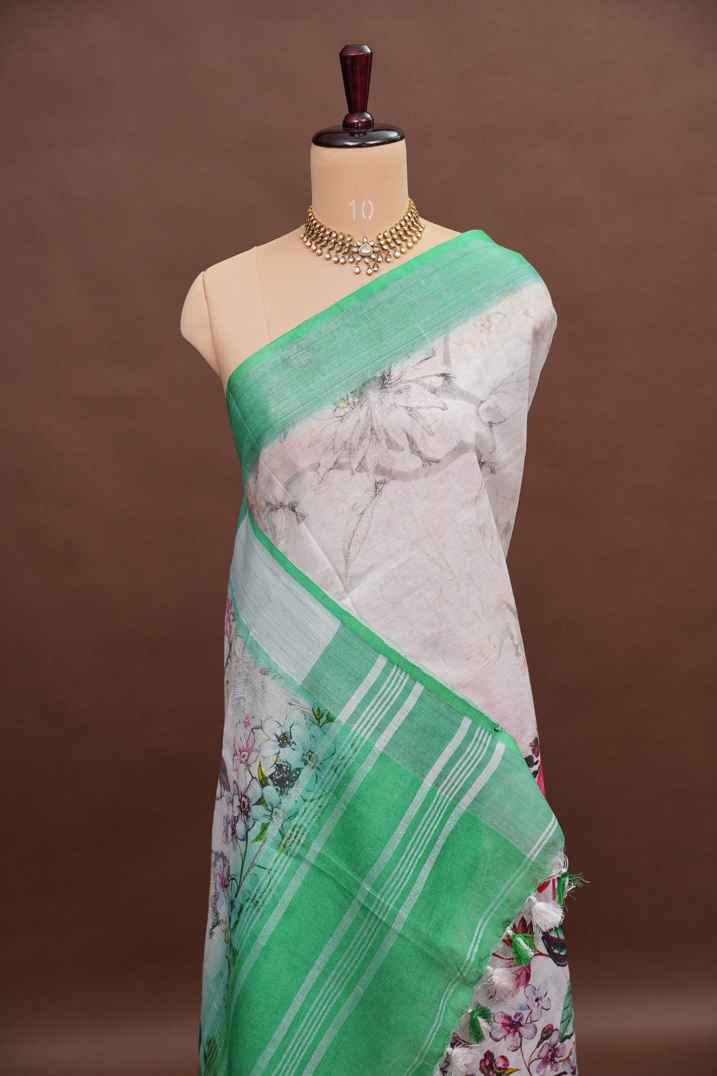 Digital Printed Pure Linen Saree - White