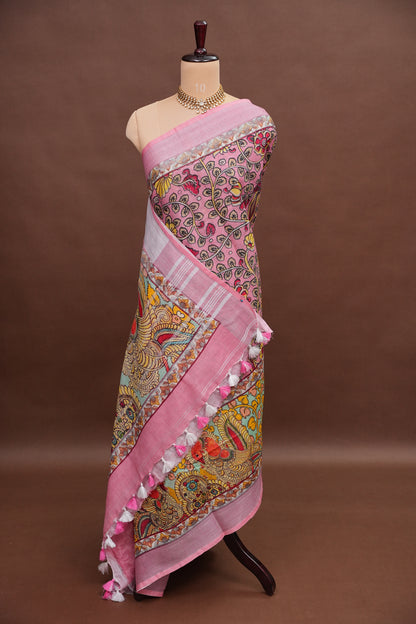 Digital Printed Pure Linen Saree - Baby Pink