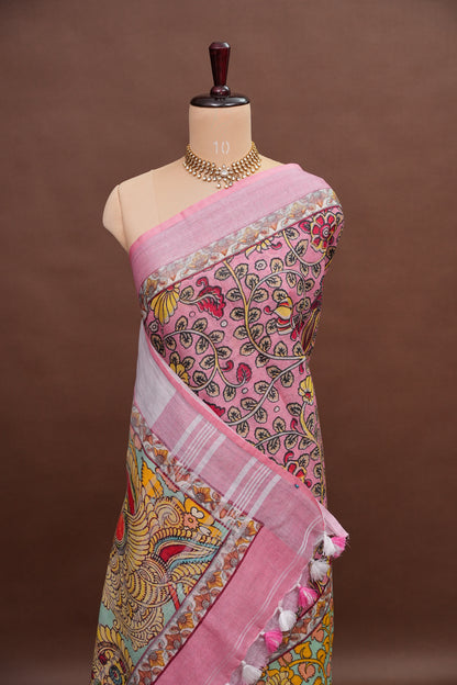 Digital Printed Pure Linen Saree - Baby Pink
