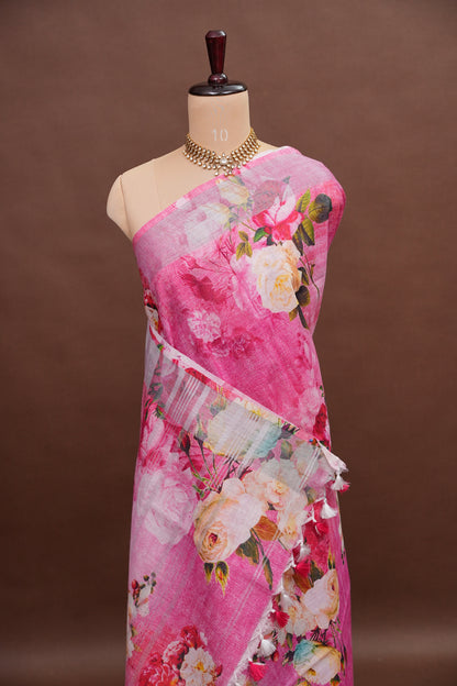 Digital Printed Pure Linen Saree - Pink