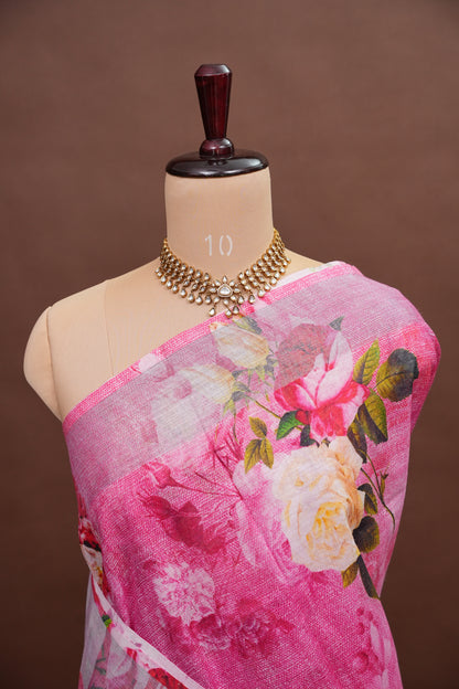 Digital Printed Pure Linen Saree - Pink