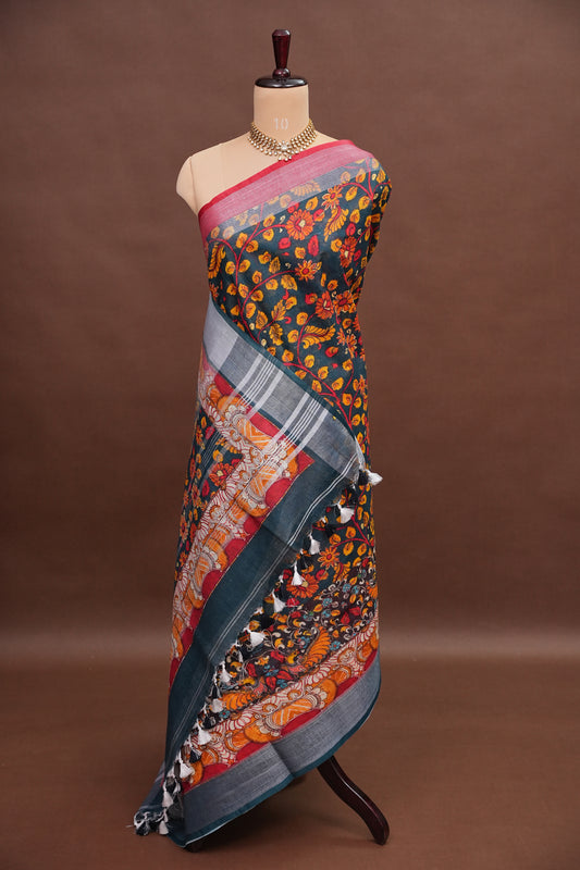 Digital Printed Pure Linen Saree - Elephant Grey