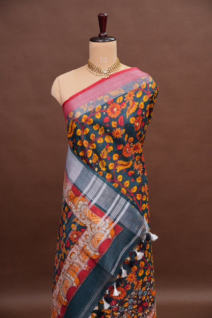 Digital Printed Pure Linen Saree - Elephant Grey
