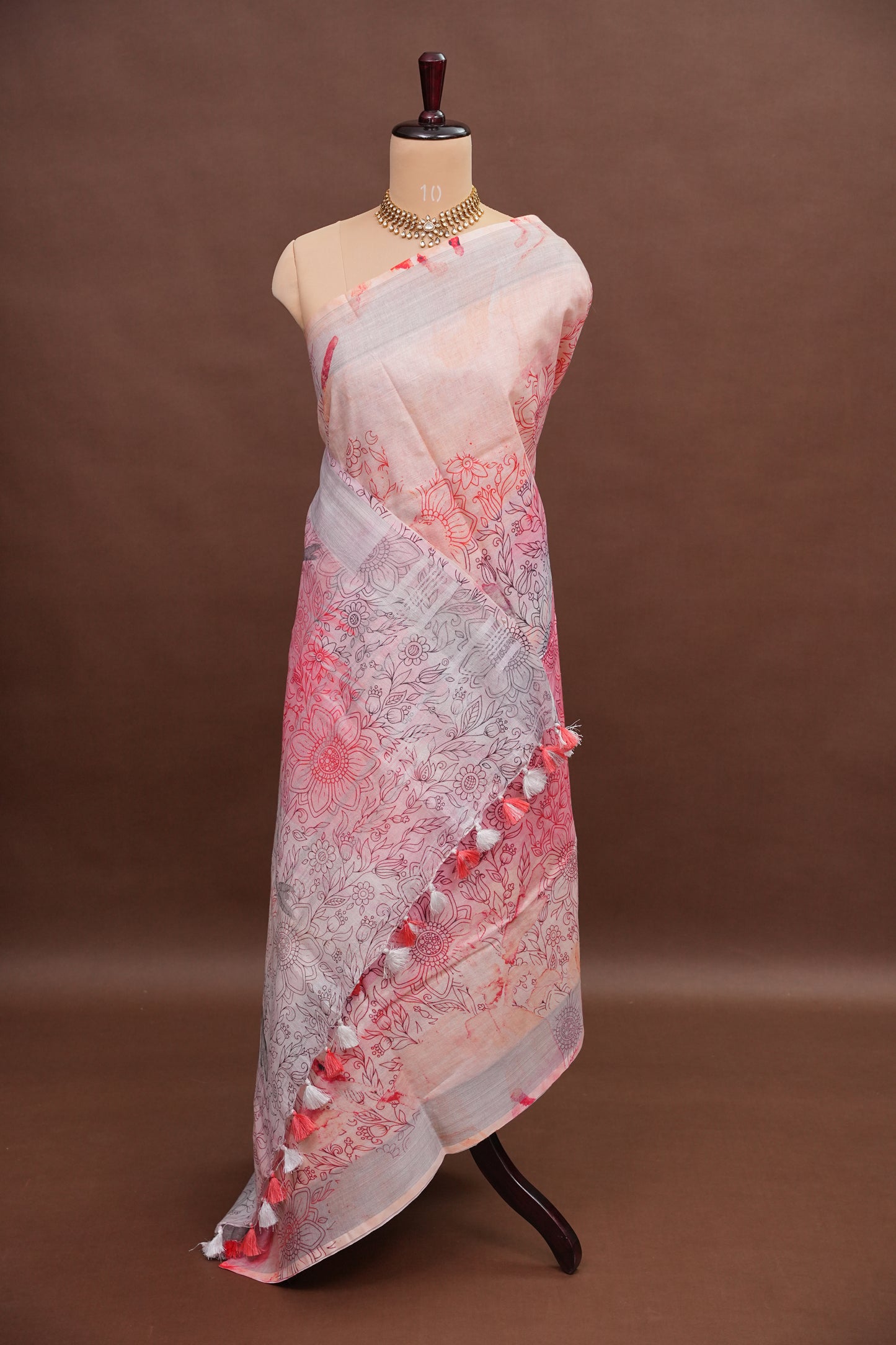 Digital Printed Pure Linen Saree - White