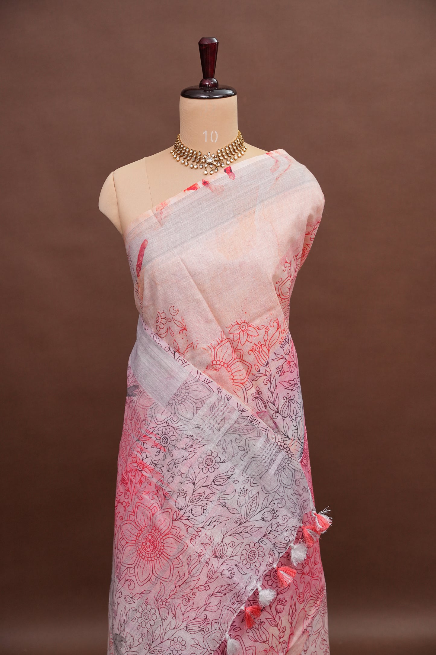 Digital Printed Pure Linen Saree - White