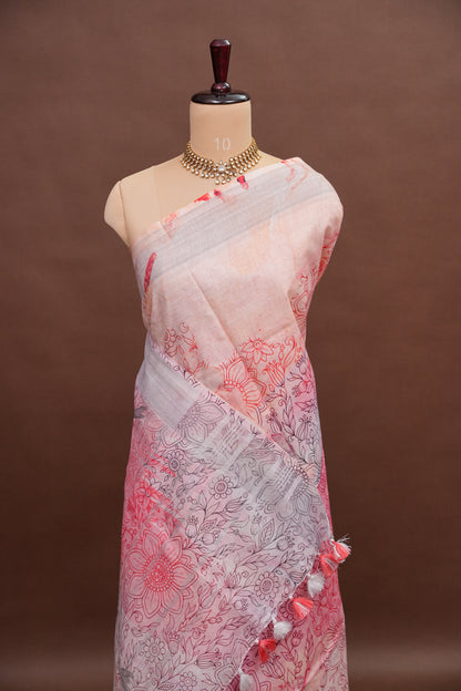 Digital Printed Pure Linen Saree - White