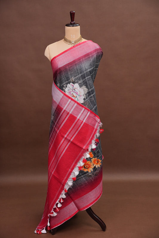 Digital Printed Pure Linen Saree - Grey