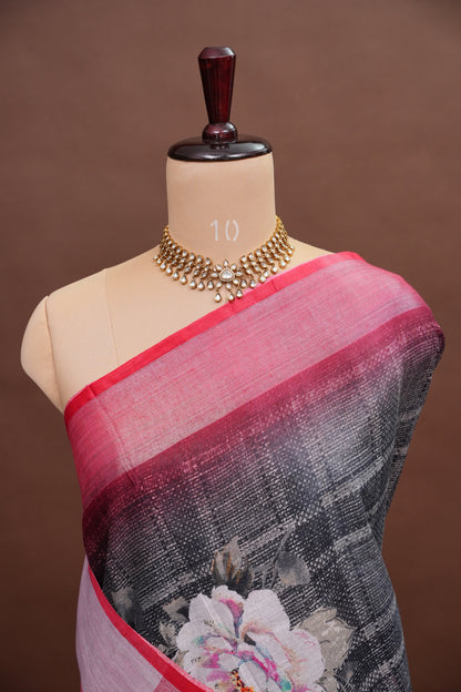 Digital Printed Pure Linen Saree - Grey