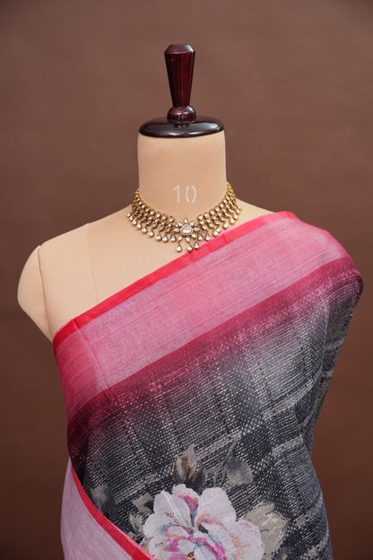 Digital Printed Pure Linen Saree - Grey