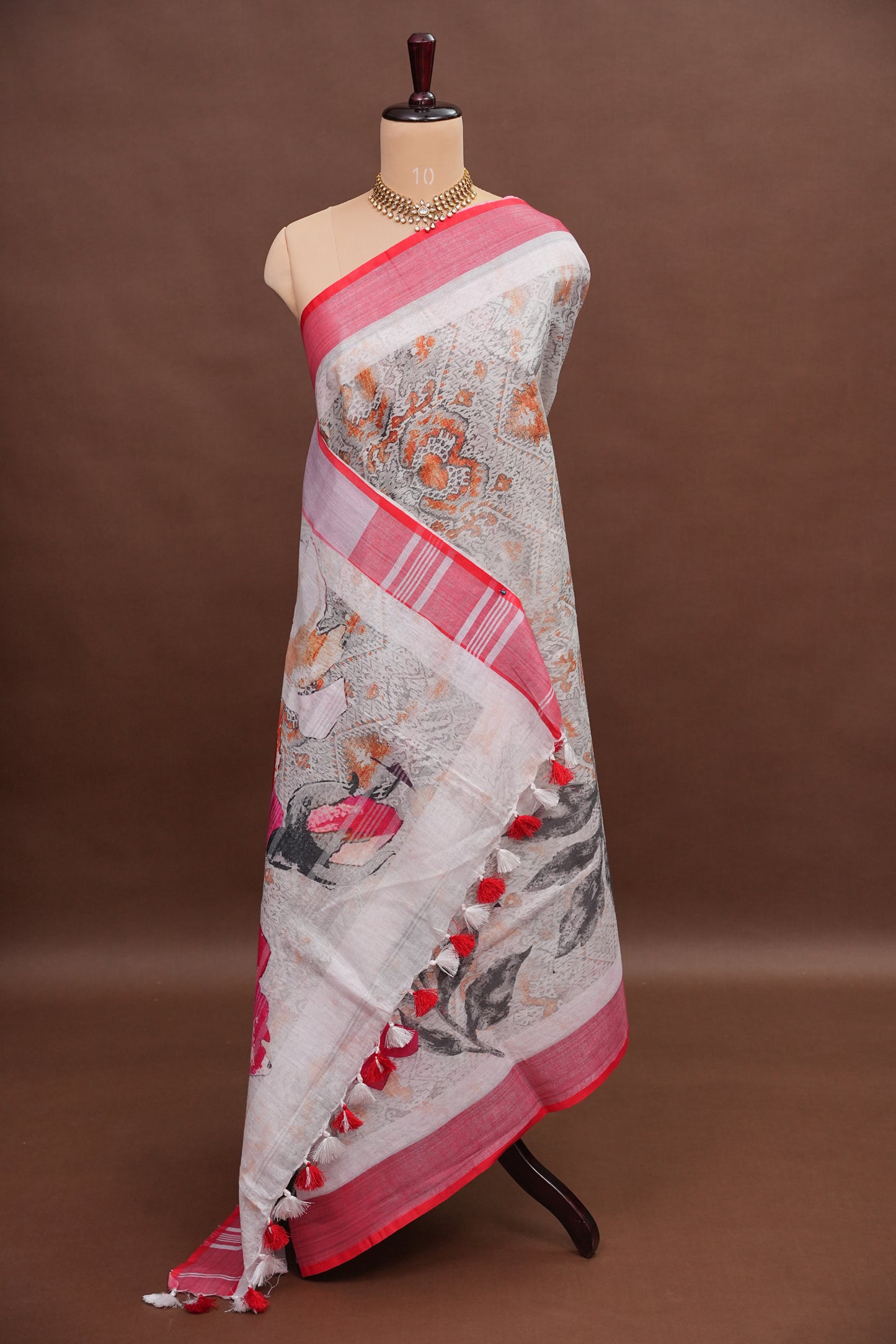 Digital Printed Pure Linen Saree - Half White