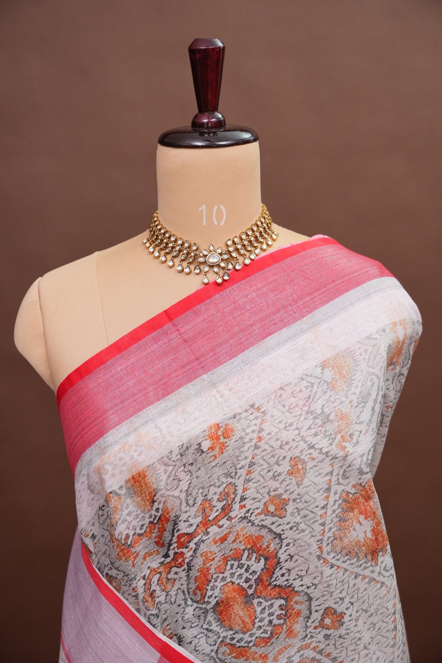 Digital Printed Pure Linen Saree - Half White