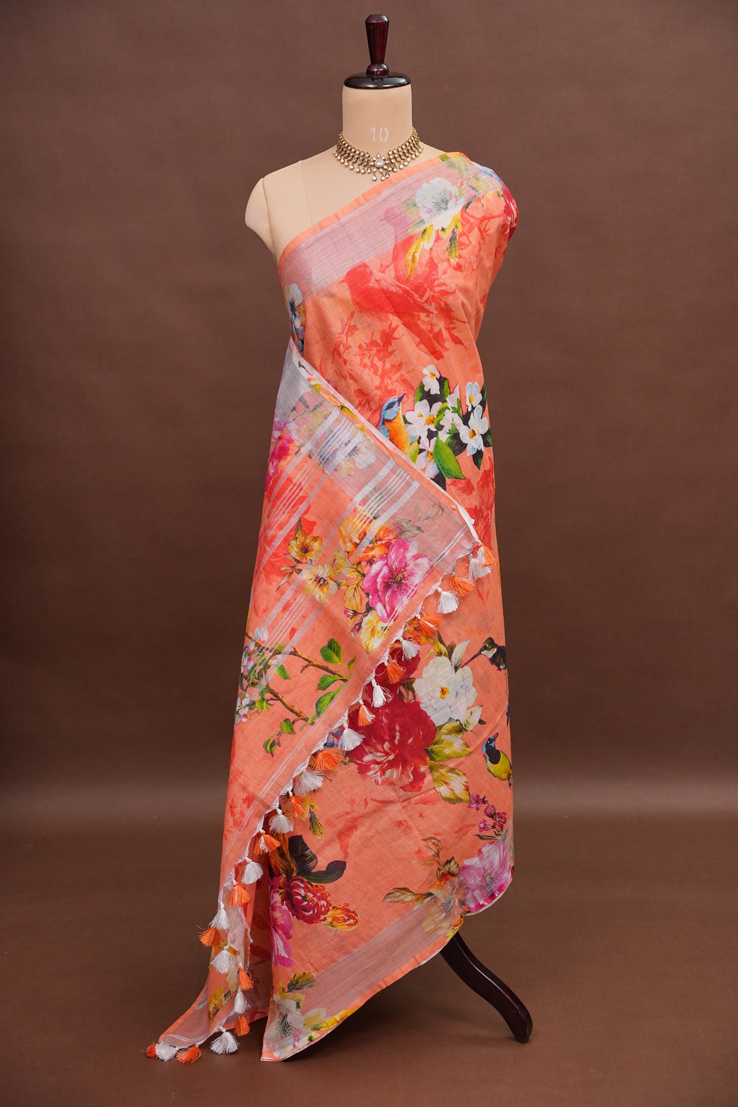 Digital Printed Pure Linen Saree - Light Orange
