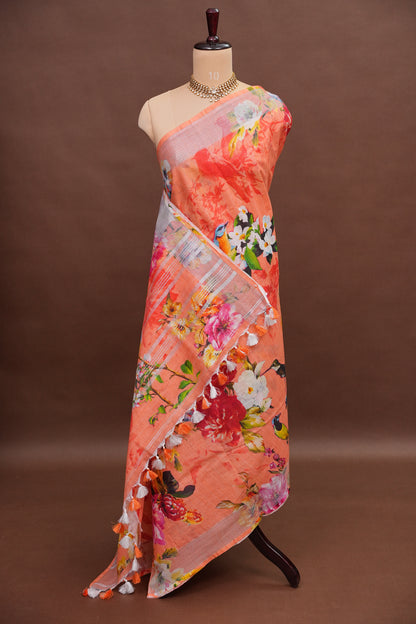Digital Printed Pure Linen Saree - Light Orange