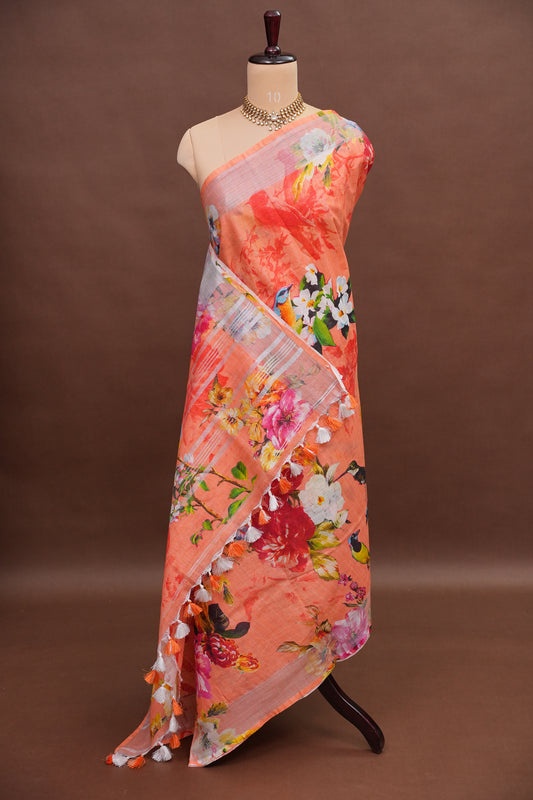 Digital Printed Pure Linen Saree - Light Orange