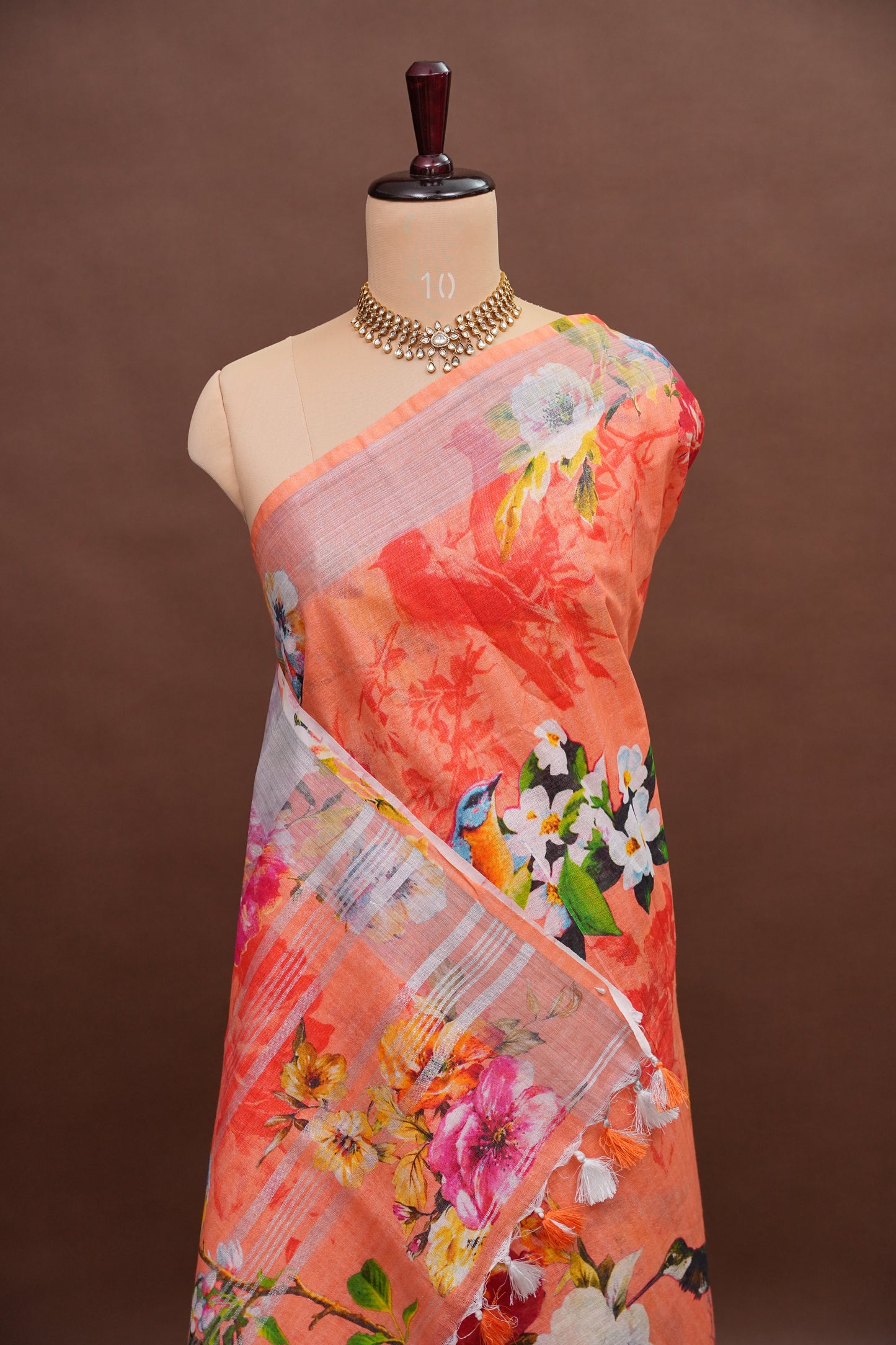 Digital Printed Pure Linen Saree - Light Orange