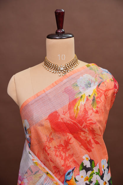Digital Printed Pure Linen Saree - Light Orange