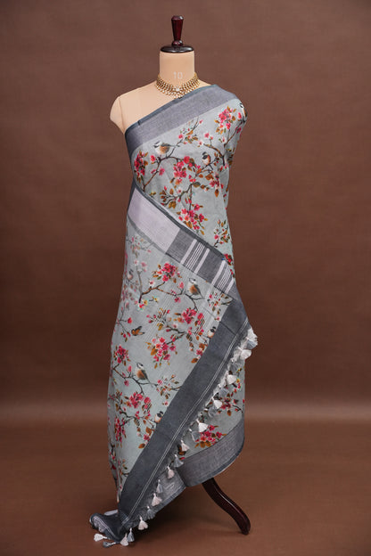 Digital Printed Pure Linen Saree - Powder Blue