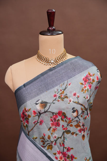 Digital Printed Pure Linen Saree - Powder Blue