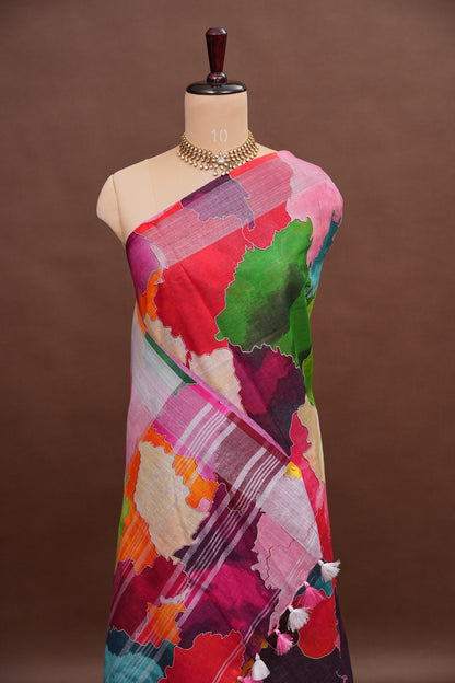 Digital Printed Pure Linen Saree - Multicolor