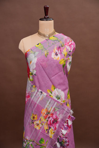 Digital Printed Pure Linen Saree - Pink