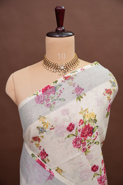 Digital Printed Pure Linen Saree - Beige