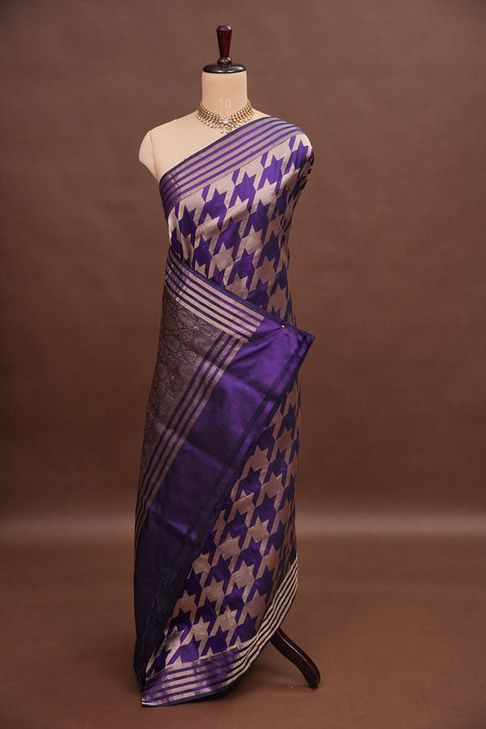 Geometric Patterned Pure Handloom Silk Katan Banaras Saree – Royal Purple