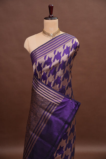 Geometric Patterned Pure Handloom Silk Katan Banaras Saree – Royal Purple