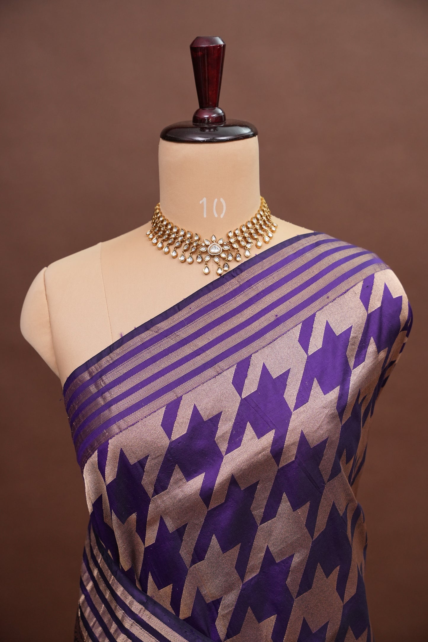 Geometric Patterned Pure Handloom Silk Katan Banaras Saree – Royal Purple