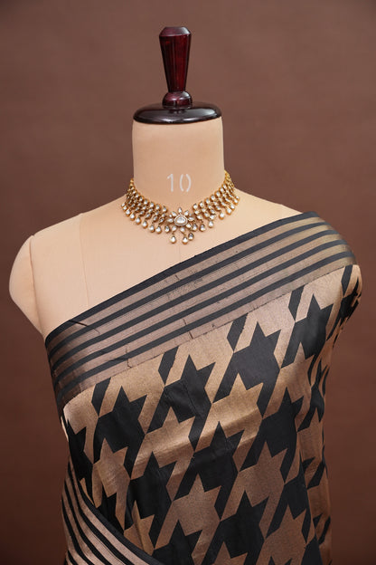 Geometric Patterned Pure Handloom Silk Katan Banaras Saree – Black