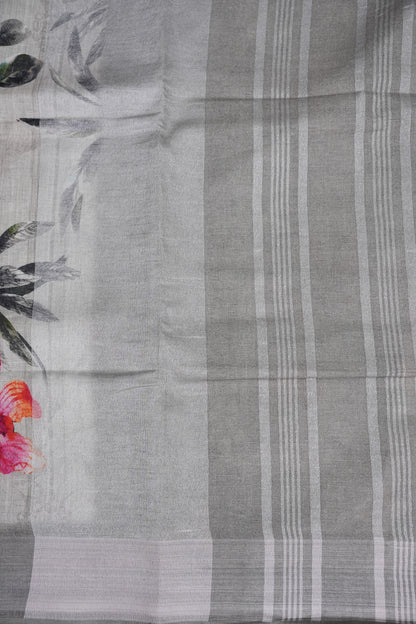 Digital Printed Pure Linen Saree - White & Grey