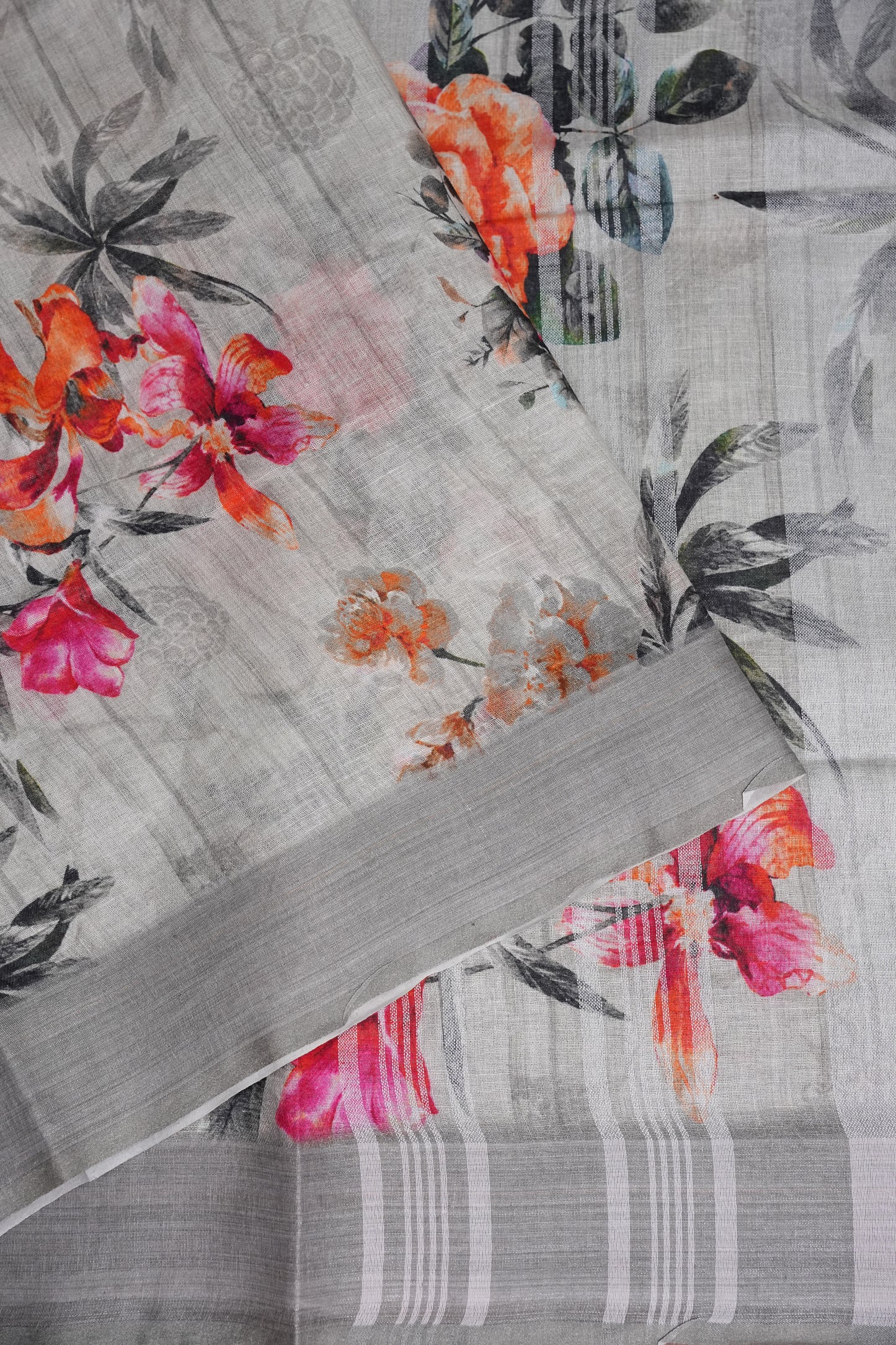 Digital Printed Pure Linen Saree - White & Grey
