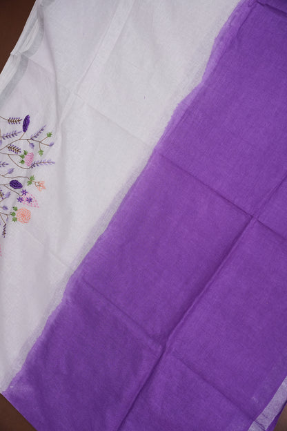 Hand Embroidery Pure Linen Saree With Tissue Border - Purple and White Ombre