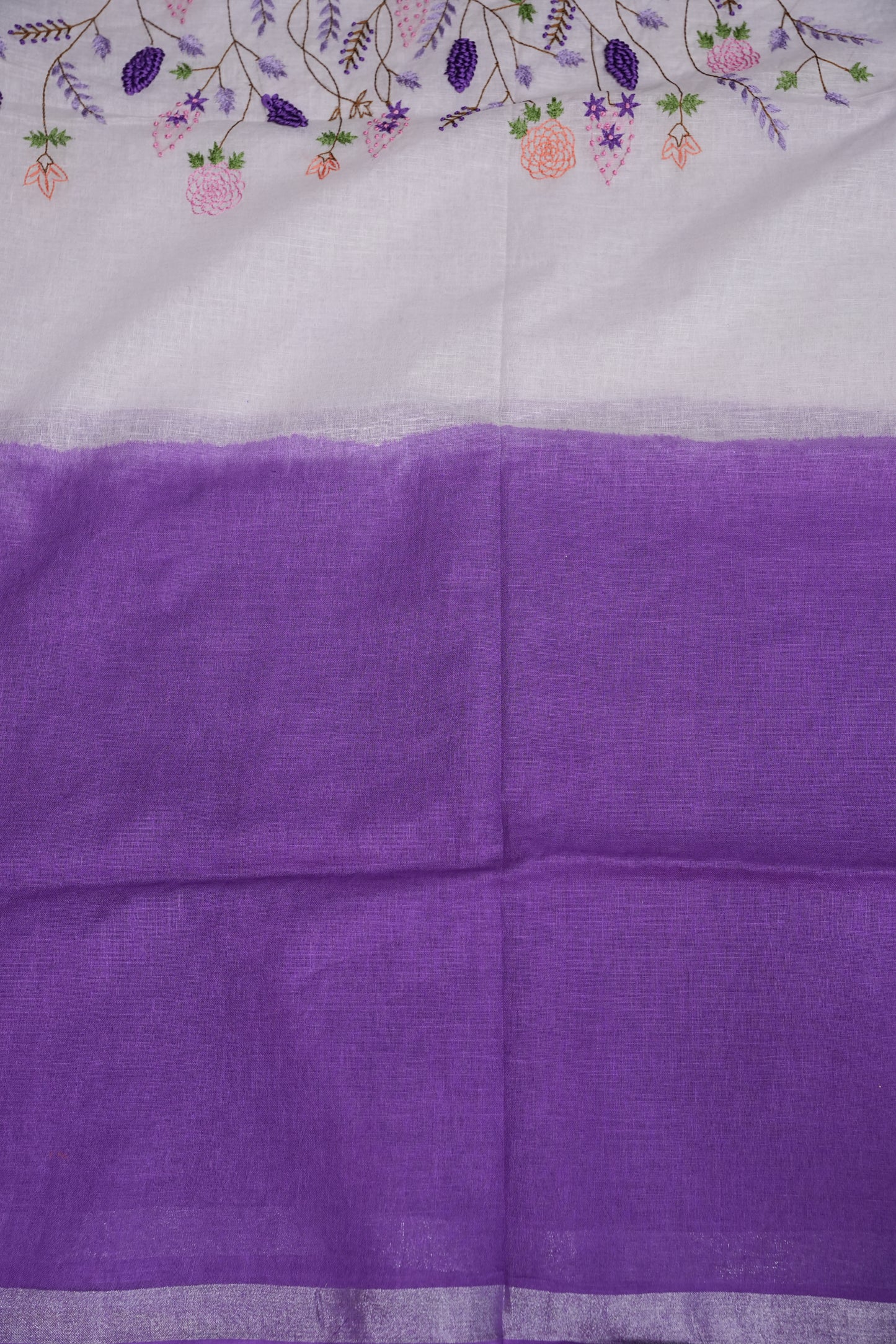 Hand Embroidery Pure Linen Saree With Tissue Border - Purple and White Ombre