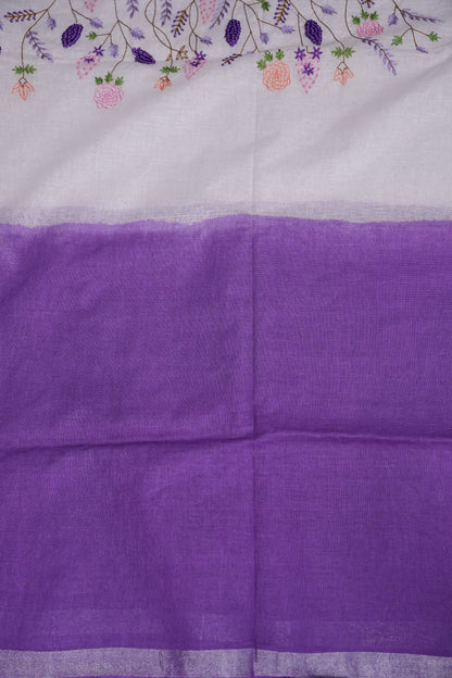 Hand Embroidery Pure Linen Saree With Tissue Border - Purple and White Ombre