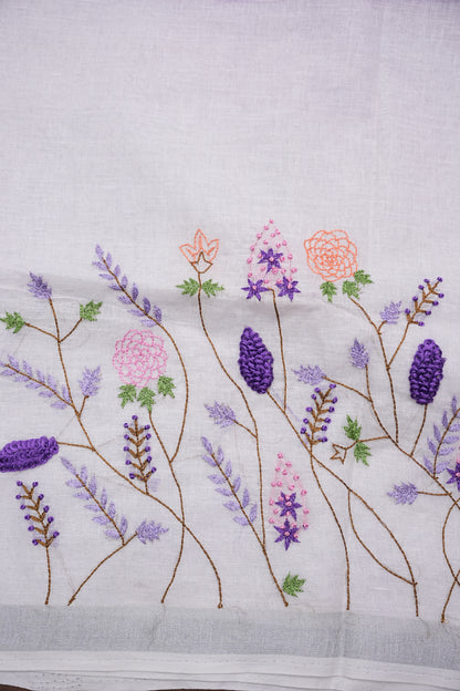 Hand Embroidery Pure Linen Saree With Tissue Border - Purple and White Ombre