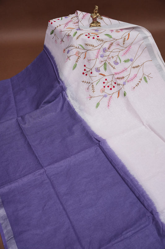 Hand Embroidery Pure Linen Saree With Tissue Border - Navy Blue and White Ombre