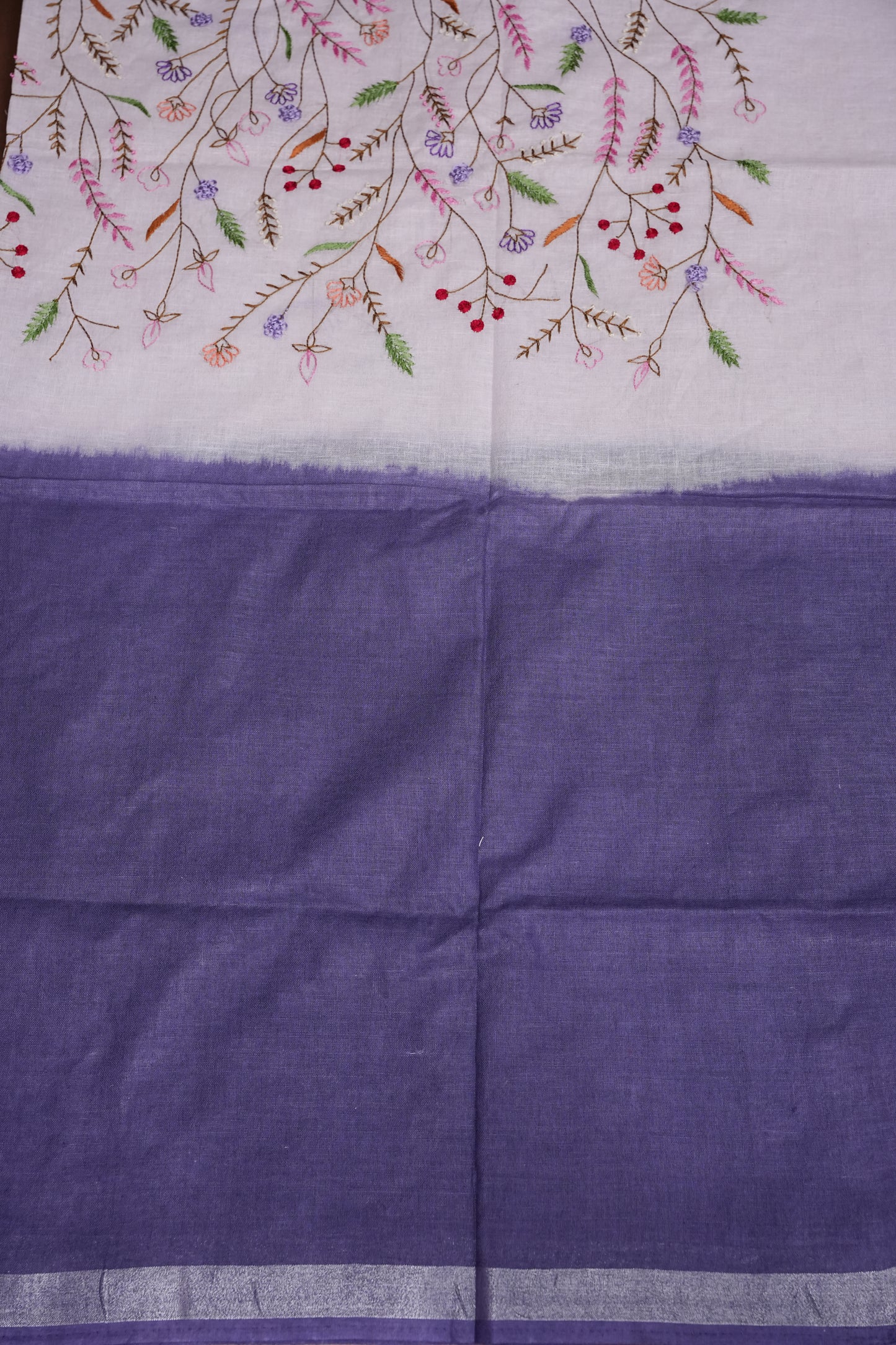 Hand Embroidery Pure Linen Saree With Tissue Border - Navy Blue and White Ombre