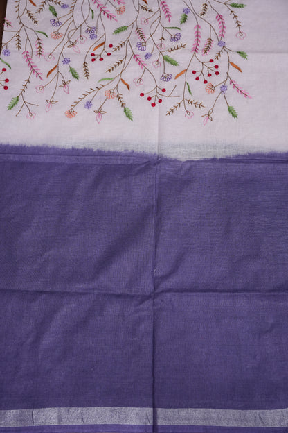Hand Embroidery Pure Linen Saree With Tissue Border - Navy Blue and White Ombre