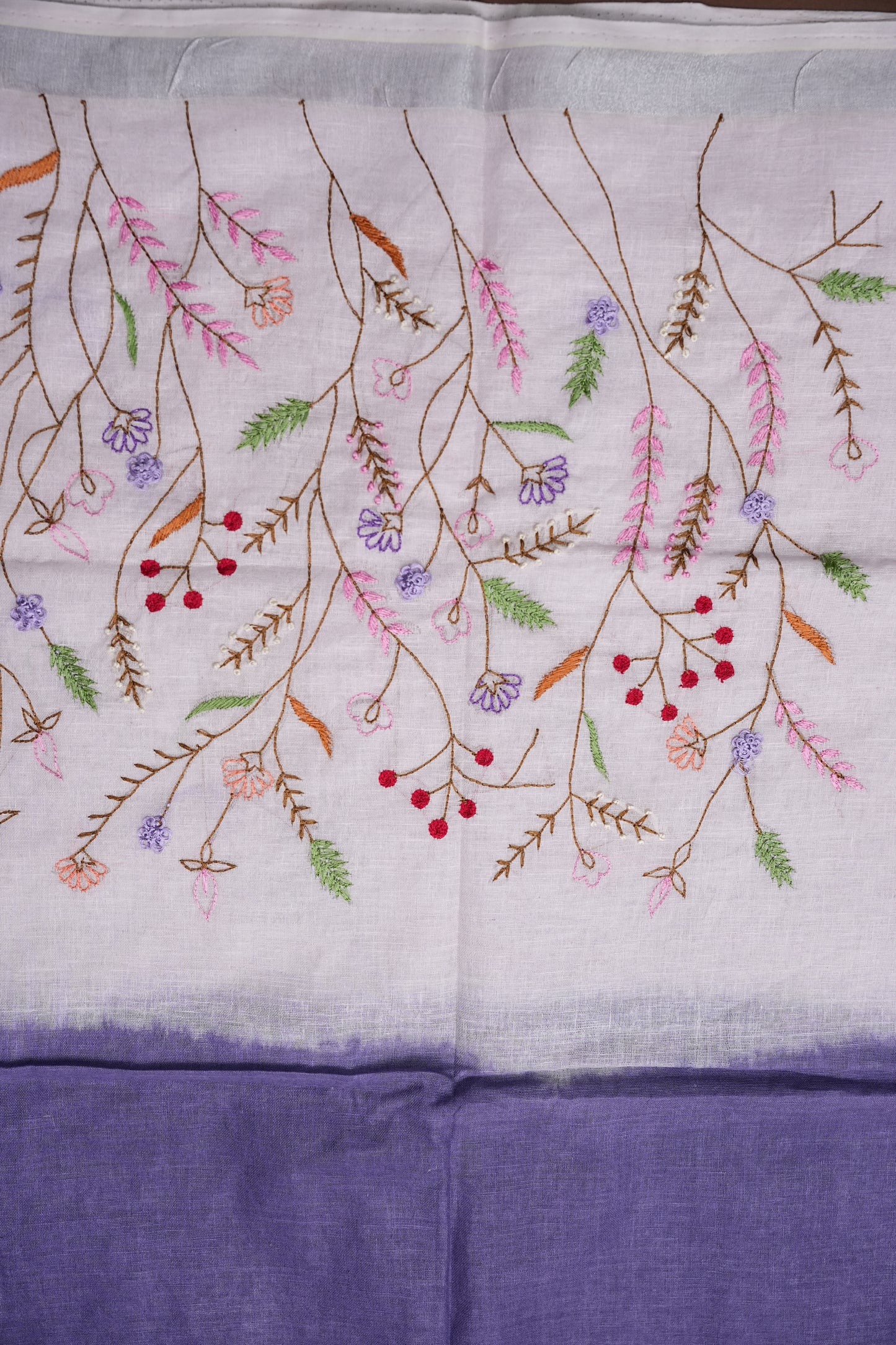 Hand Embroidery Pure Linen Saree With Tissue Border - Navy Blue and White Ombre