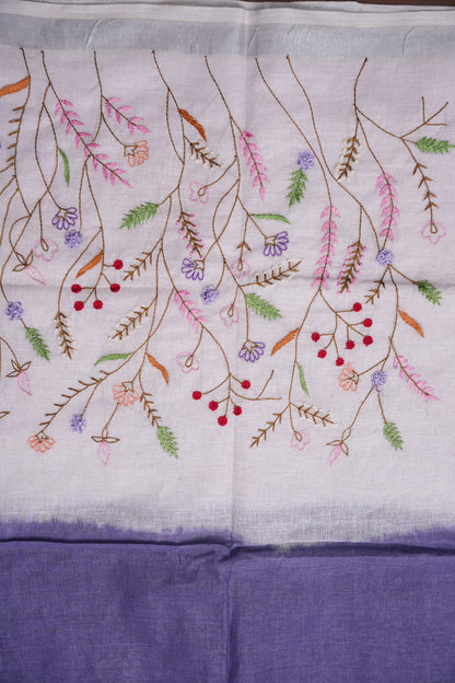 Hand Embroidery Pure Linen Saree With Tissue Border - Navy Blue and White Ombre