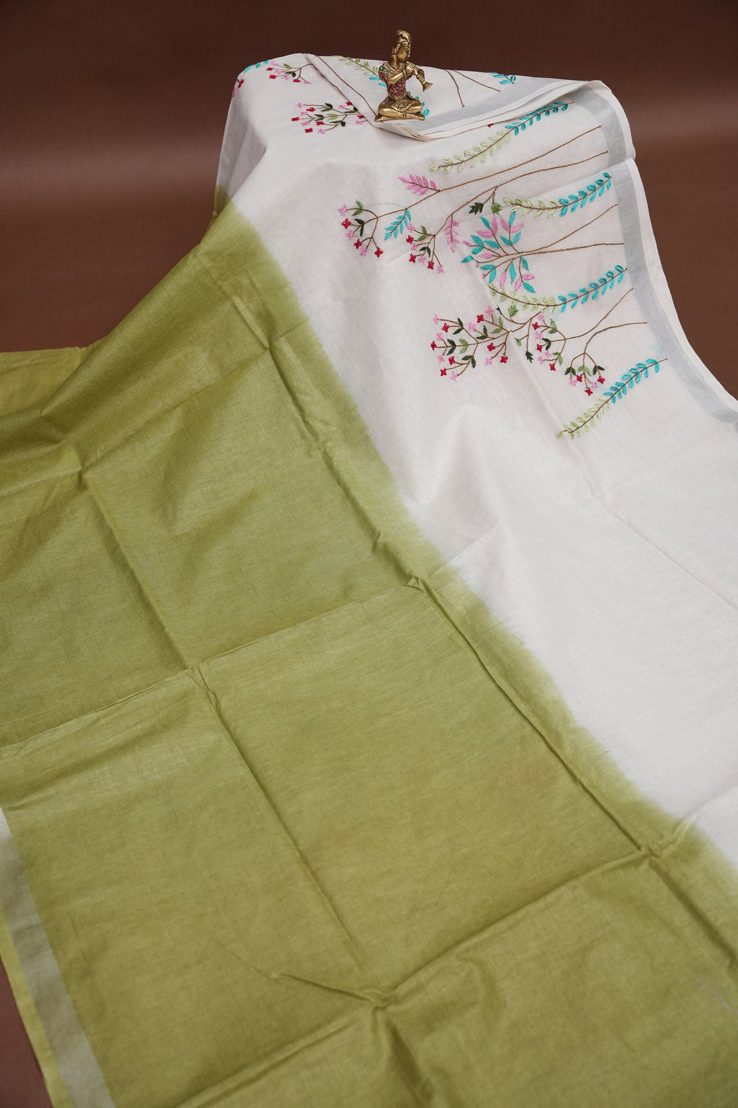 Hand Embroidery Pure Linen Saree With Tissue Border - Olive Green and White Ombre