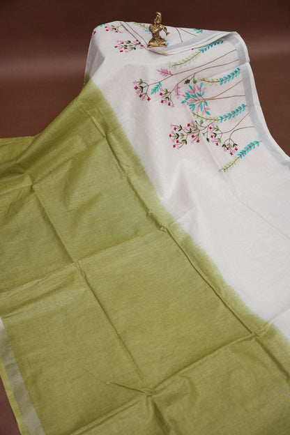 Hand Embroidery Pure Linen Saree With Tissue Border - Olive Green and White Ombre