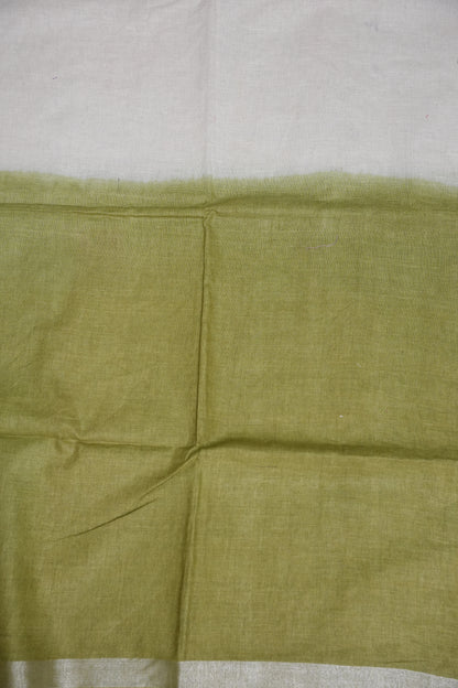 Hand Embroidery Pure Linen Saree With Tissue Border - Olive Green and White Ombre