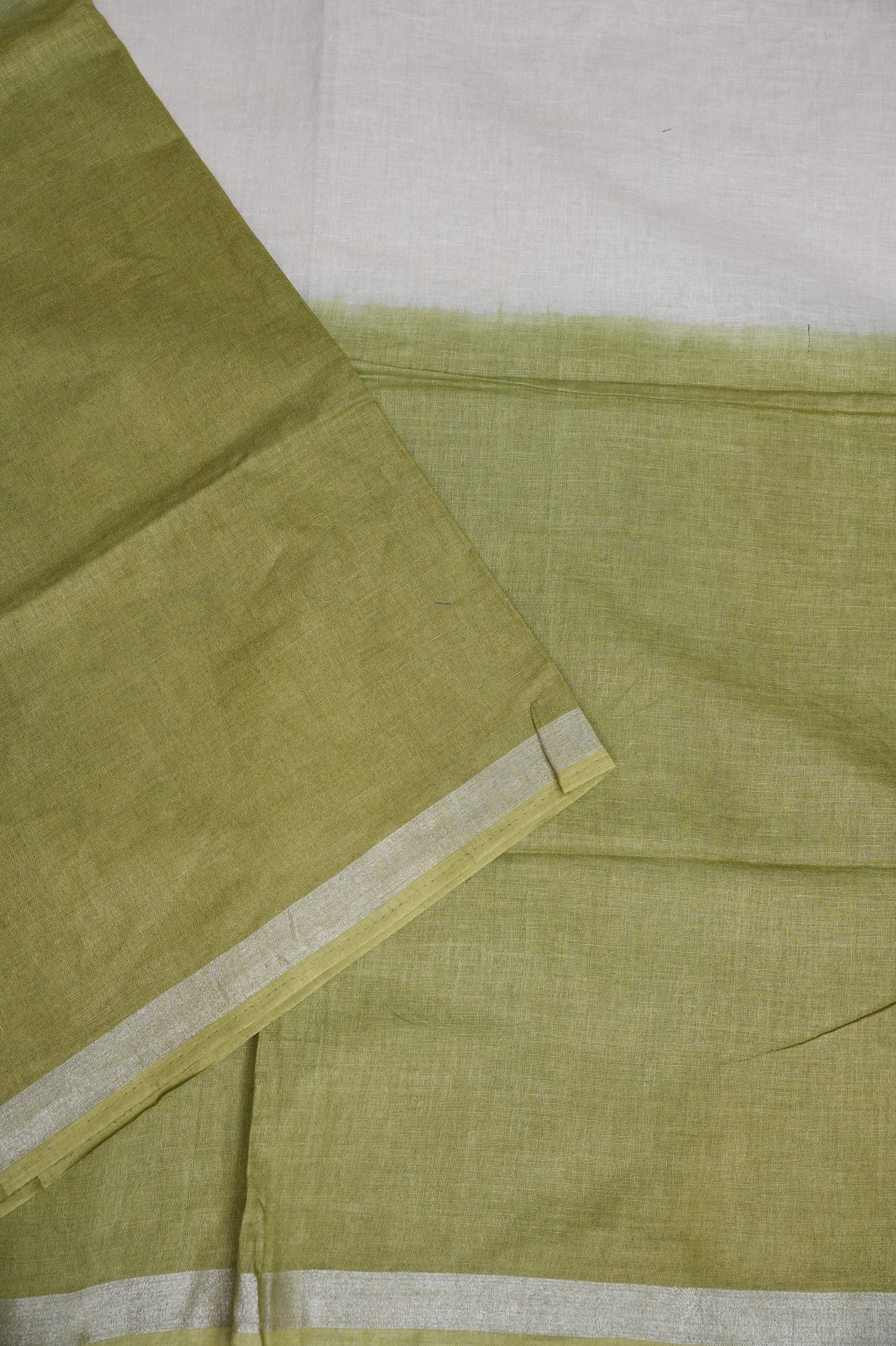 Hand Embroidery Pure Linen Saree With Tissue Border - Olive Green and White Ombre